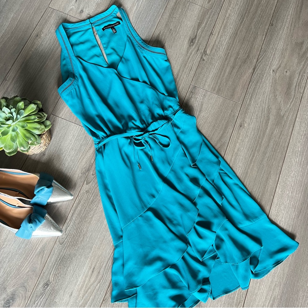 White House Black Market Halter Cut Tiered Skirt Faux Wrap Dress Teal 8